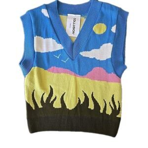 Collusion Sweater Vest Size 4 Cropped Mountains Clouds Knit Colorful Retro